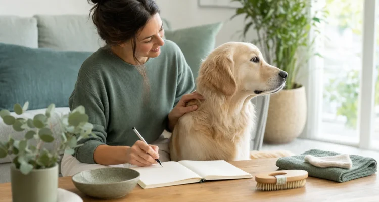 Healthy Paws Essentials scene illustrating monthly skin and coat journal for dogs