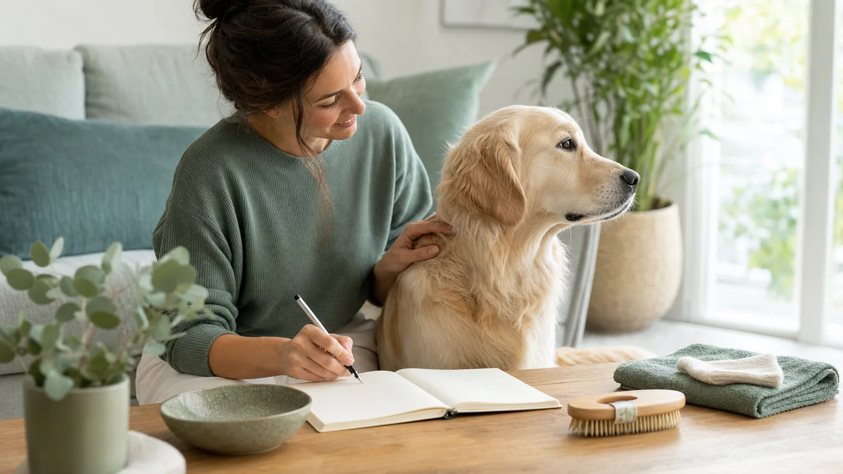 Healthy Paws Essentials scene illustrating monthly skin and coat journal for dogs
