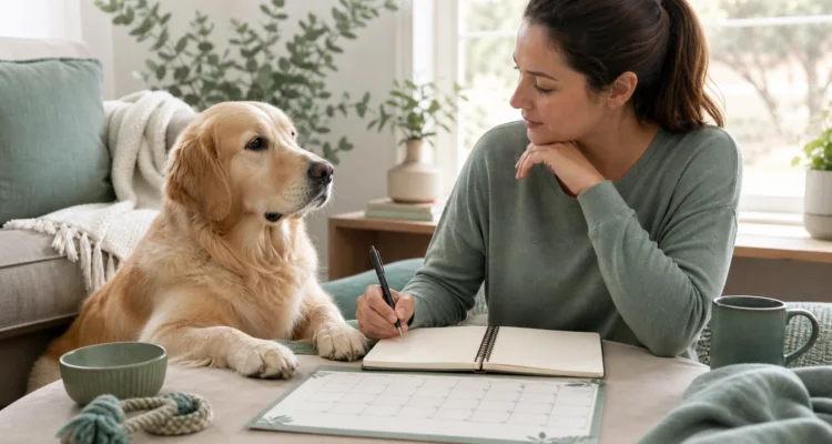 Healthy Paws Essentials scene illustrating calendar-based life-stage wellness planner for dogs