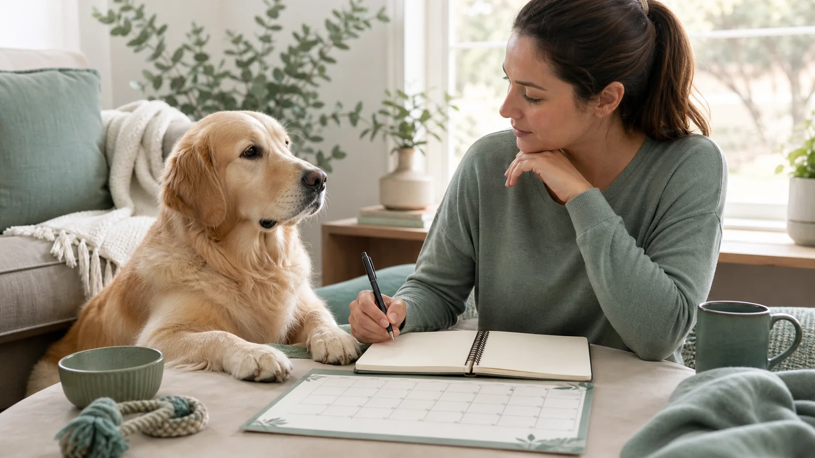 Healthy Paws Essentials scene illustrating calendar-based life-stage wellness planner for dogs
