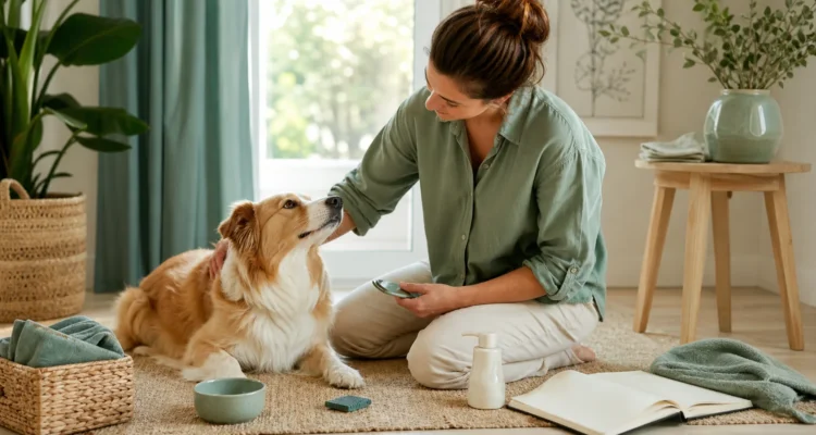 Healthy Paws Essentials scene illustrating simple home hygiene and parasite prevention for dog gut health