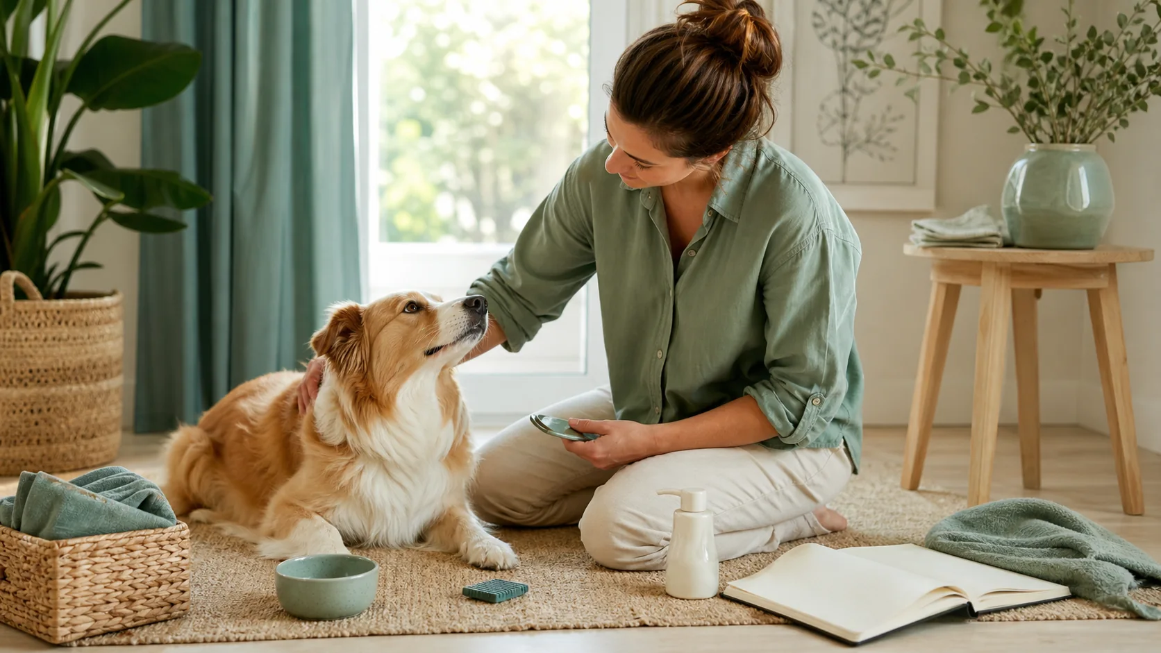 Healthy Paws Essentials scene illustrating simple home hygiene and parasite prevention for dog gut health