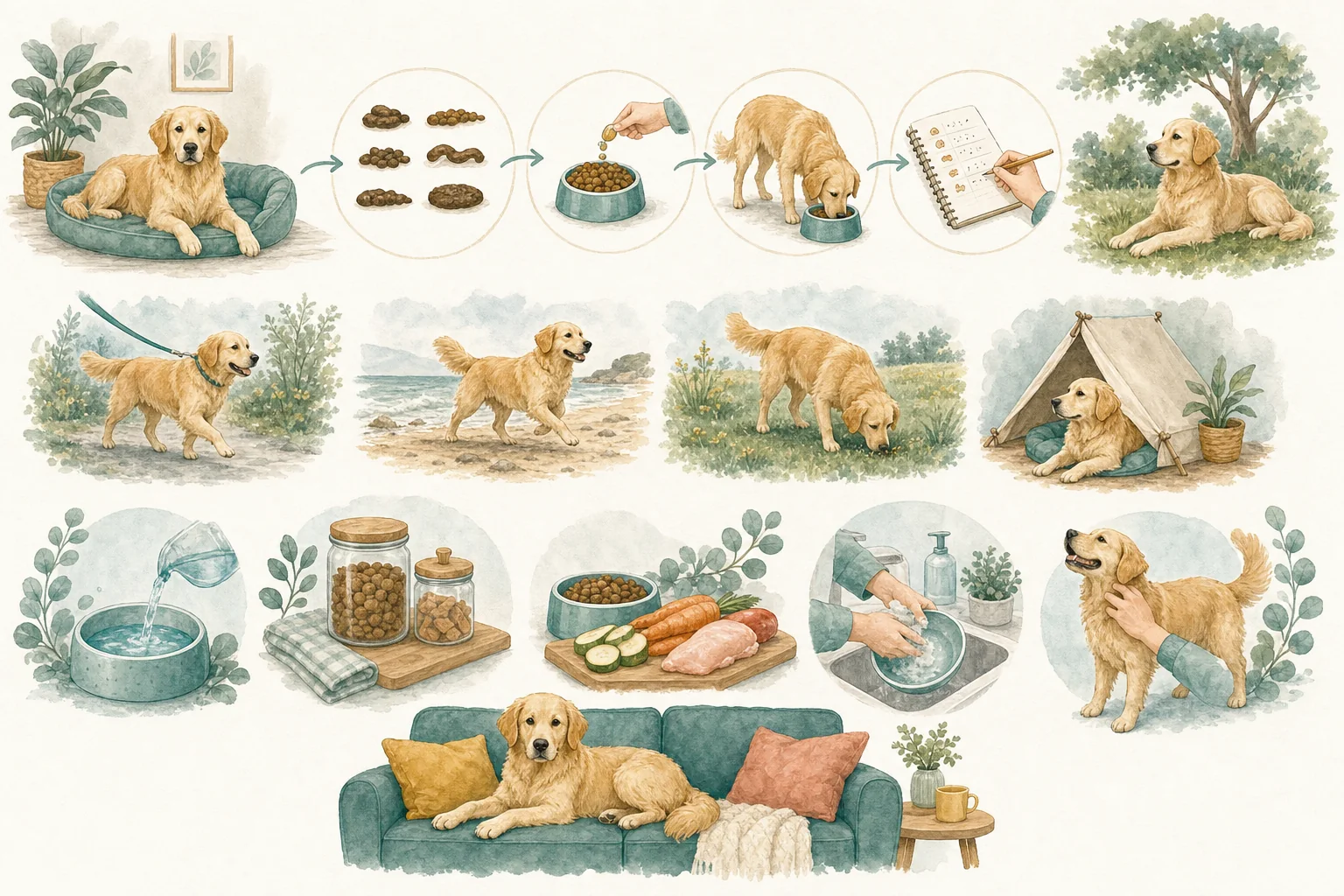 Illustrated owner guide for simple home hygiene and parasite prevention for dog gut health