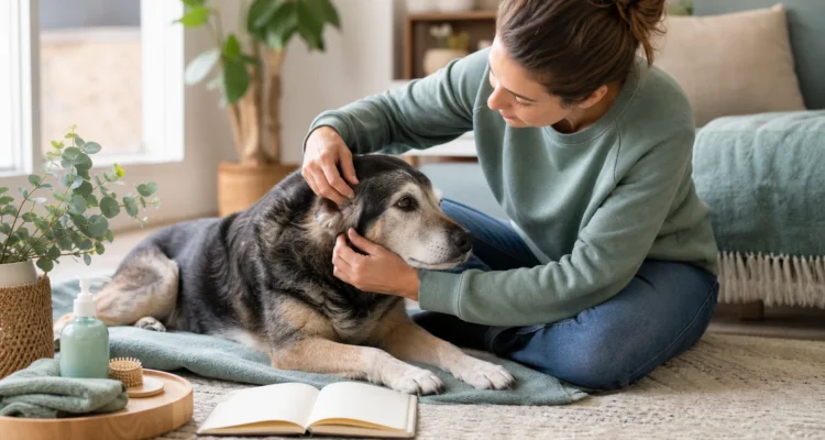 Healthy Paws Essentials scene illustrating daily senior dog routine planner with parasite and grooming checks