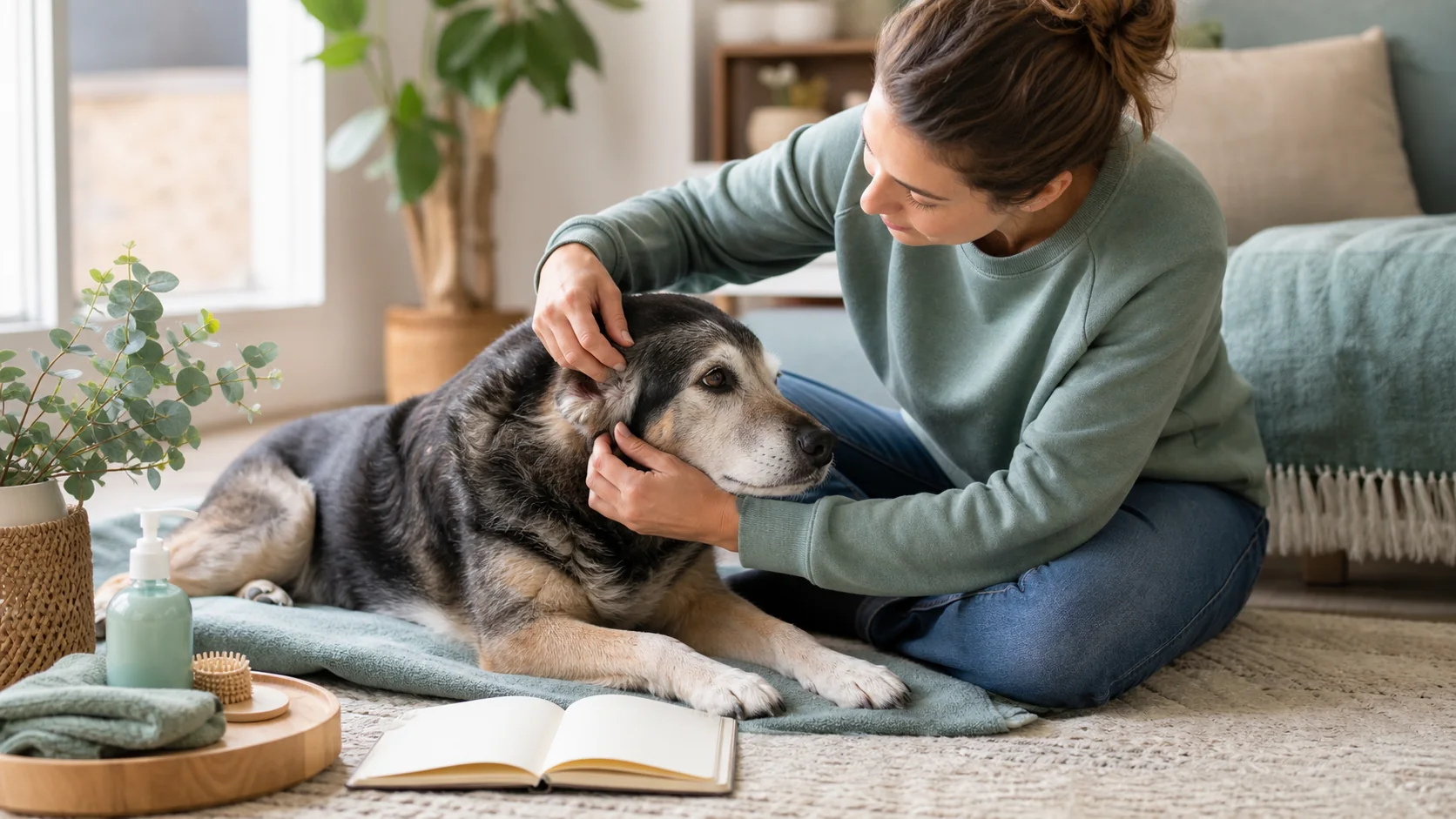 Healthy Paws Essentials scene illustrating daily senior dog routine planner with parasite and grooming checks
