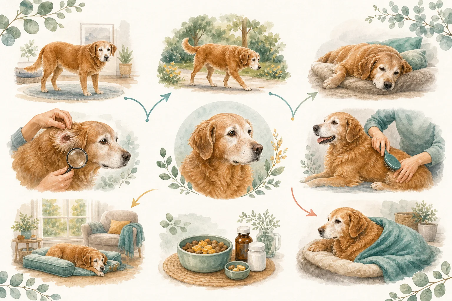 Illustrated owner guide for daily senior dog routine planner with parasite and grooming checks