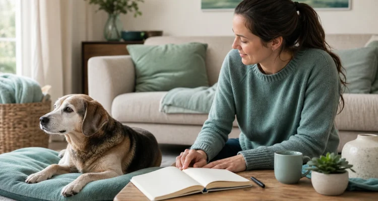 Healthy Paws Essentials scene illustrating daily activity and sleep pattern log for senior dogs