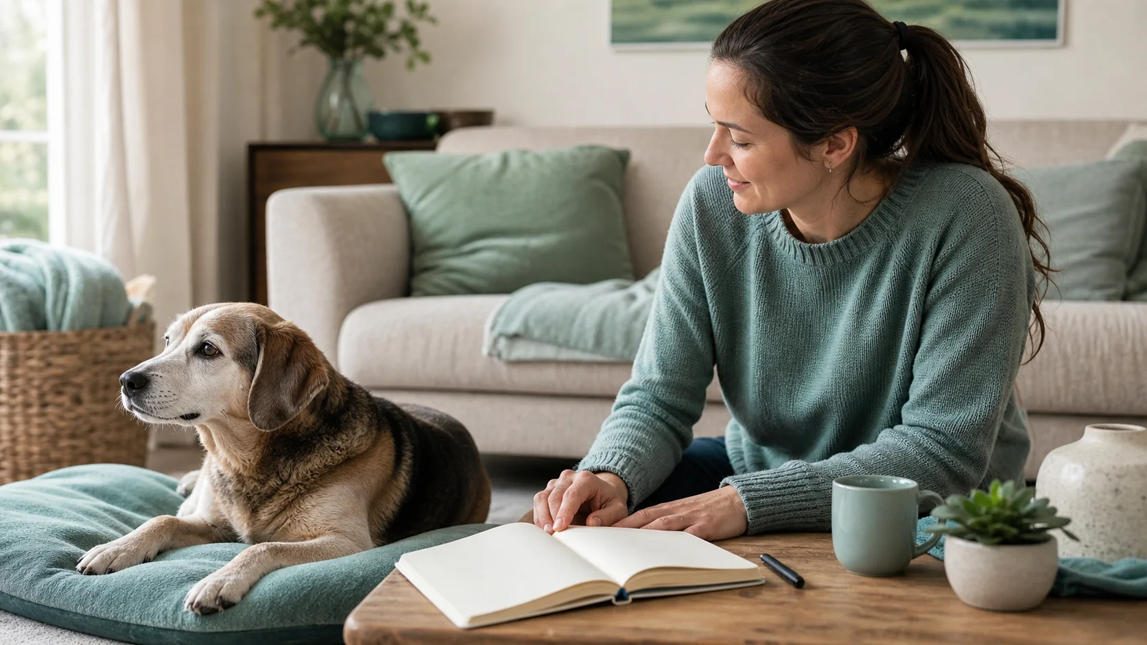 Healthy Paws Essentials scene illustrating daily activity and sleep pattern log for senior dogs