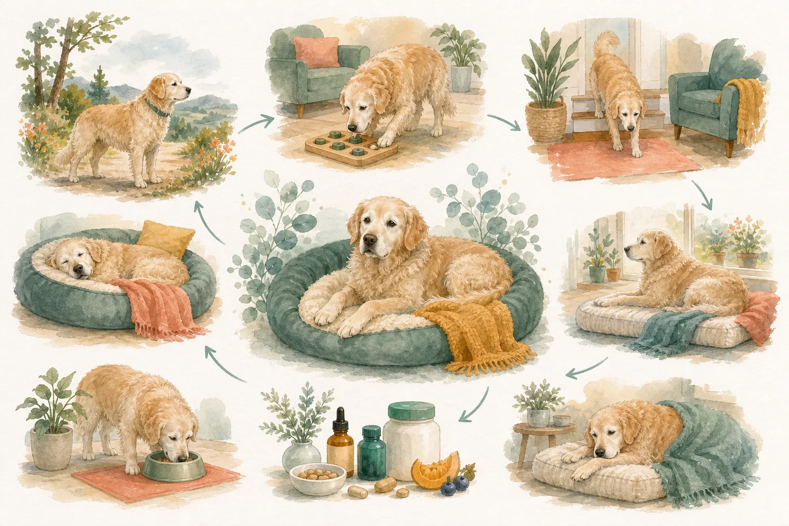 Illustrated owner guide for daily activity and sleep pattern log for senior dogs
