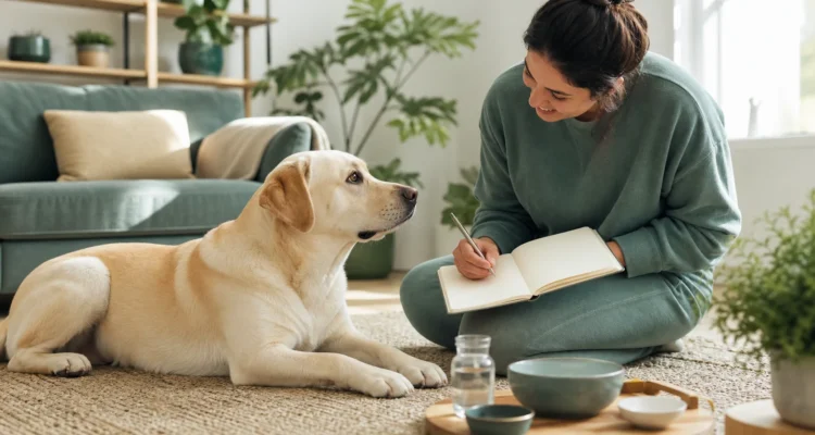 Healthy Paws Essentials scene illustrating one-month supplement and lifestyle log for dogs