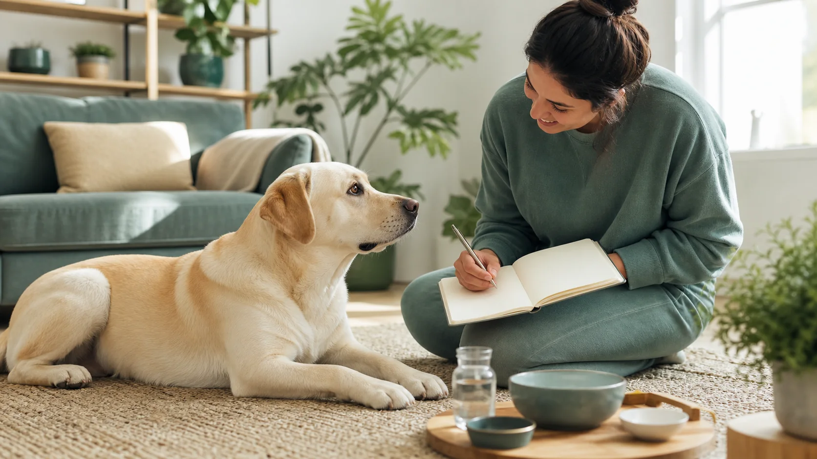 Healthy Paws Essentials scene illustrating one-month supplement and lifestyle log for dogs