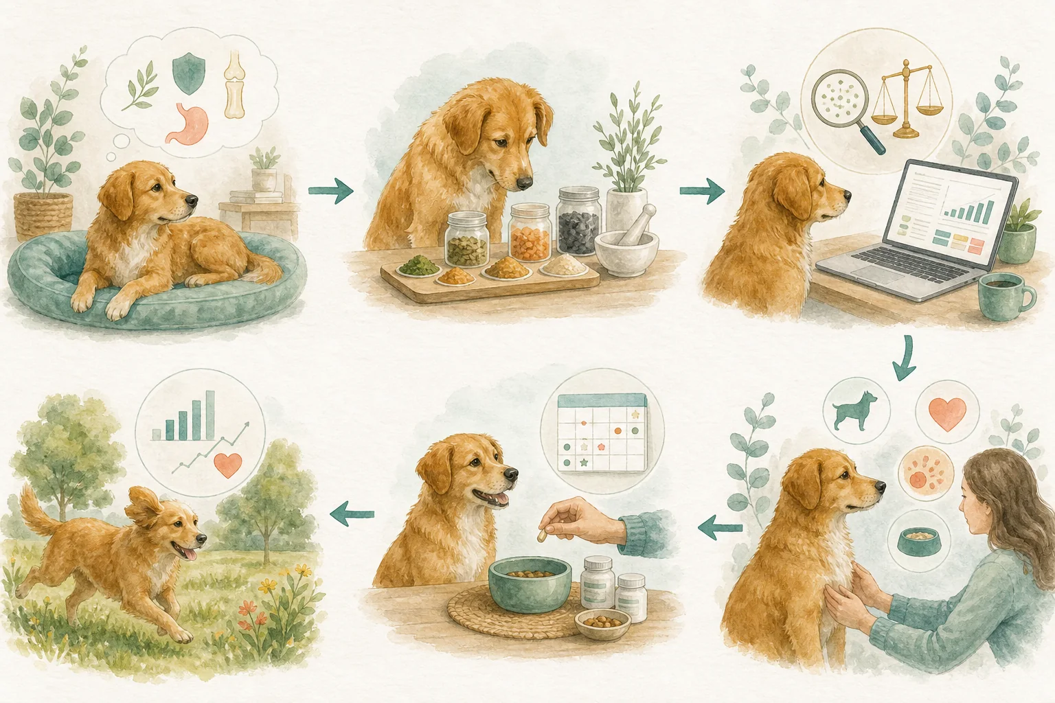 Illustrated owner guide for one-month supplement and lifestyle log for dogs