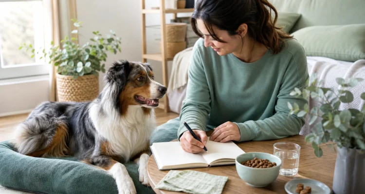 Healthy Paws Essentials scene illustrating simple weekly gut and stool tracker for dogs