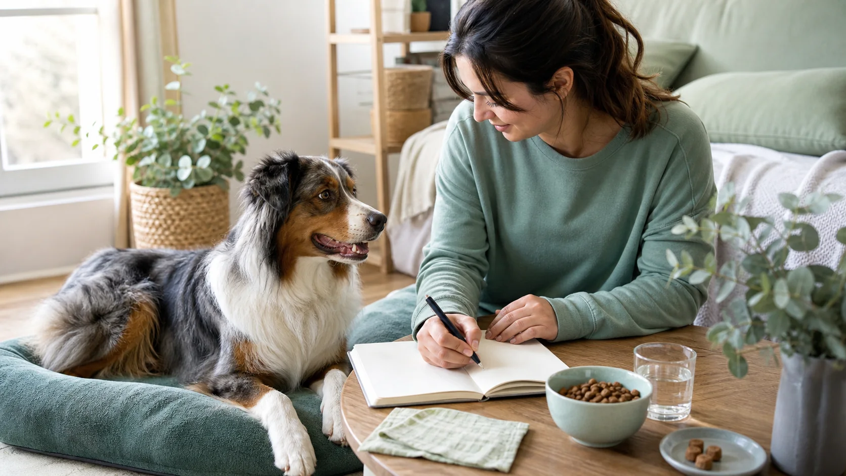 Healthy Paws Essentials scene illustrating simple weekly gut and stool tracker for dogs