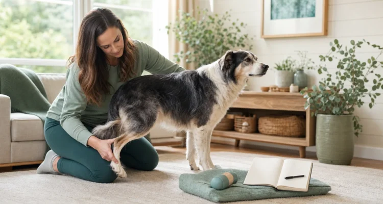 Healthy Paws Essentials scene illustrating biweekly joint and mobility check-in for dogs