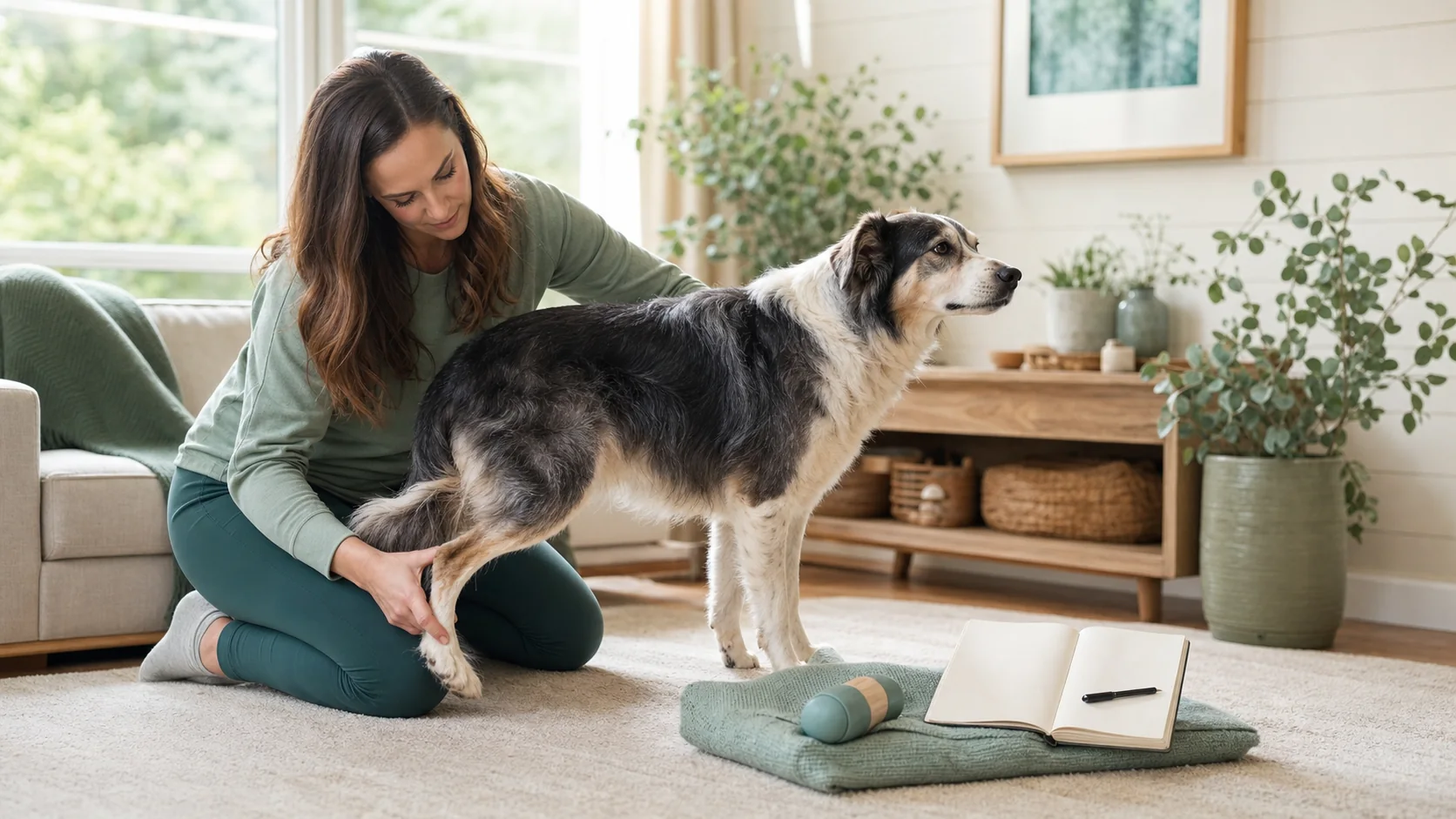 Healthy Paws Essentials scene illustrating biweekly joint and mobility check-in for dogs