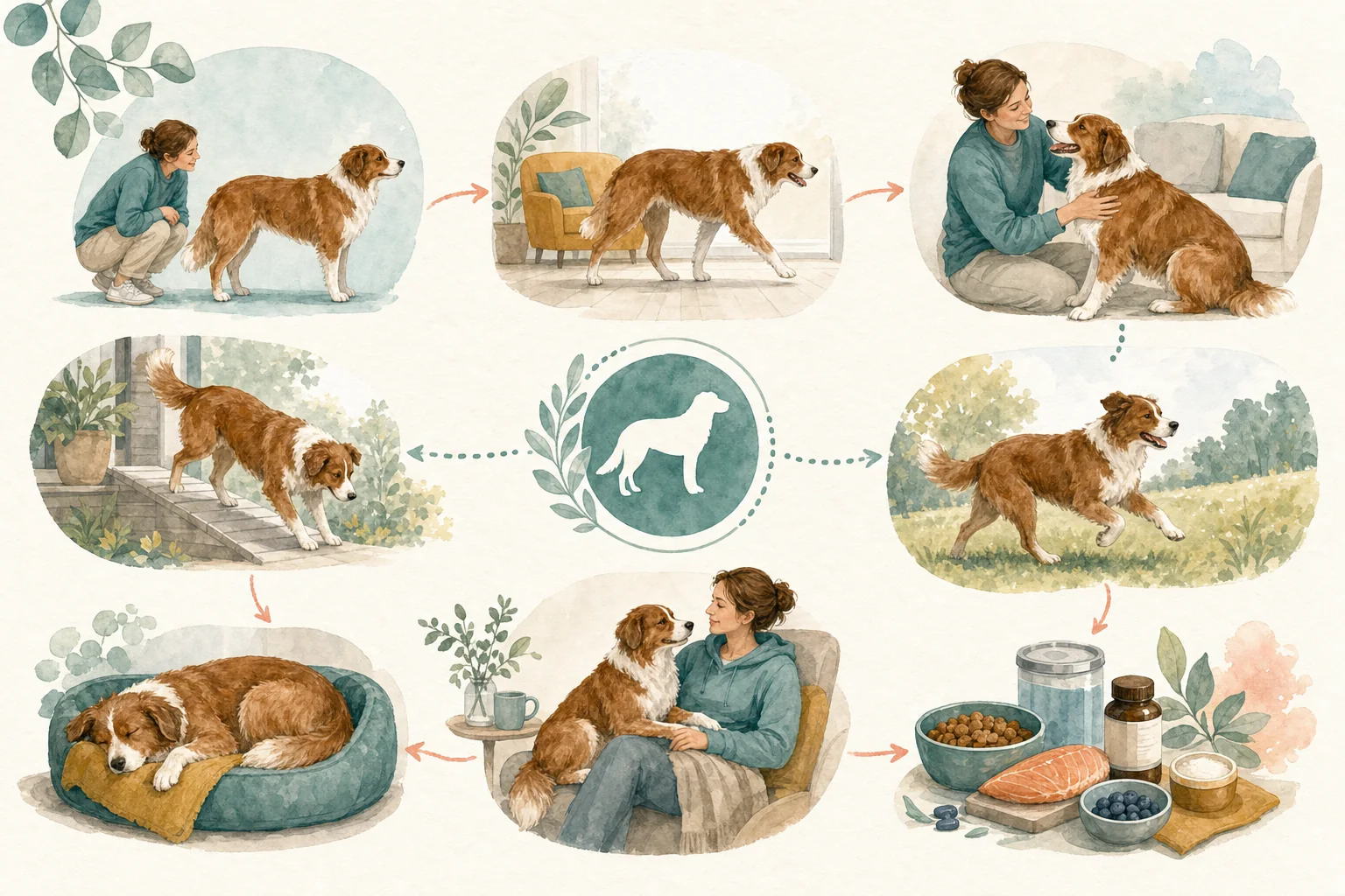 Illustrated owner guide for biweekly joint and mobility check-in for dogs