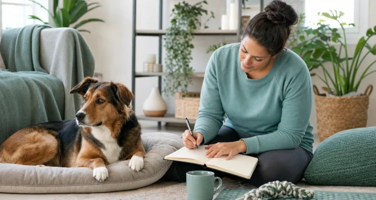 Healthy Paws Essentials scene illustrating monthly anxiety and environment tracker for dogs