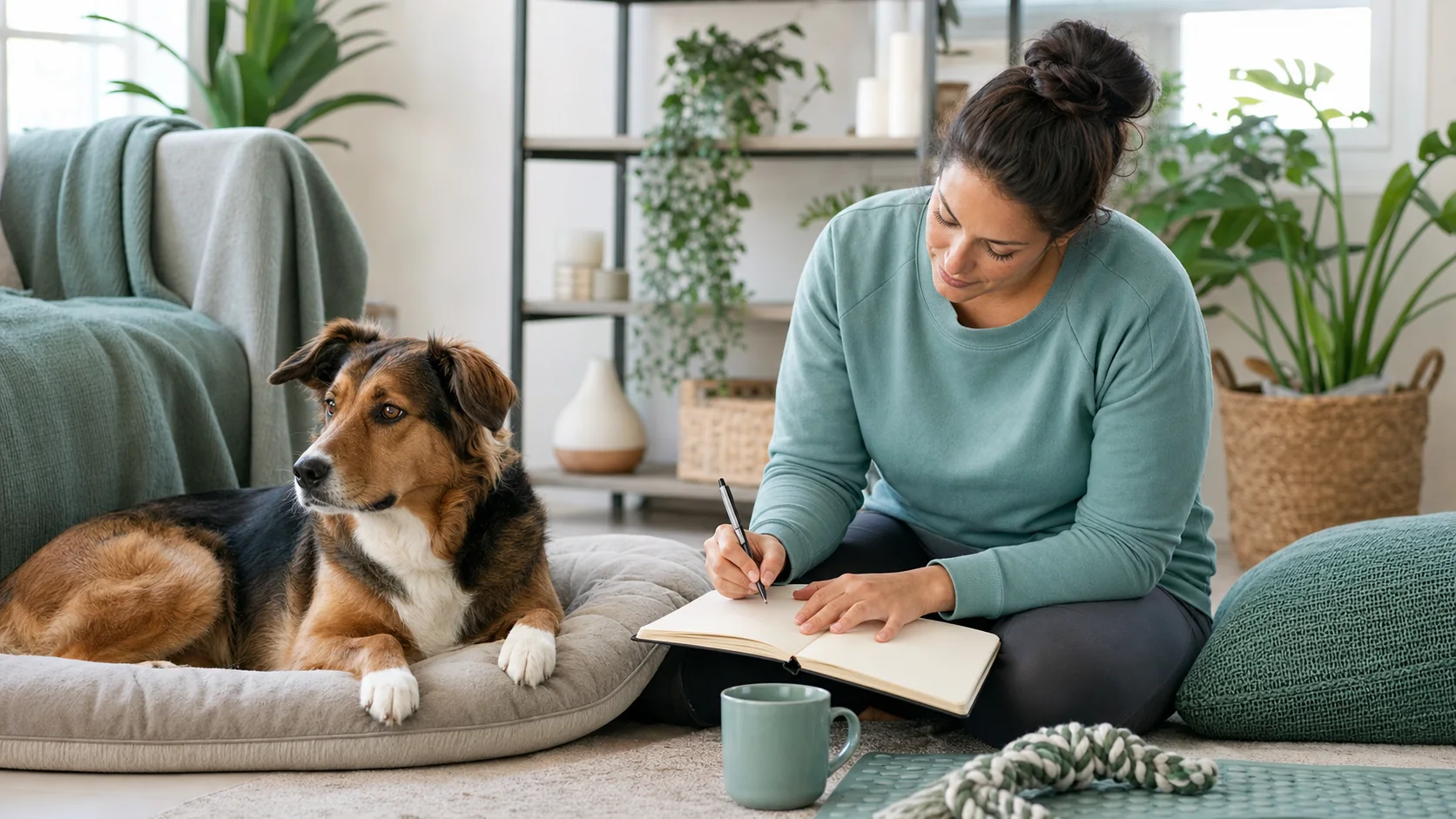 Healthy Paws Essentials scene illustrating monthly anxiety and environment tracker for dogs