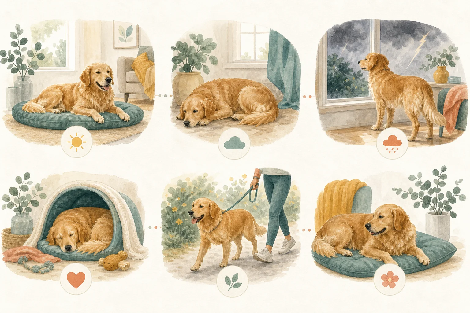 Illustrated owner guide for monthly anxiety and environment tracker for dogs