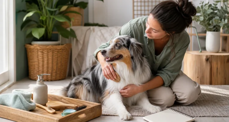 Healthy Paws Essentials scene illustrating quarterly life-stage parasite and grooming schedule for dogs