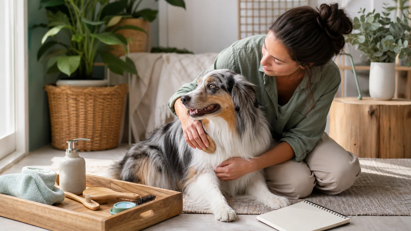 Healthy Paws Essentials scene illustrating quarterly life-stage parasite and grooming schedule for dogs