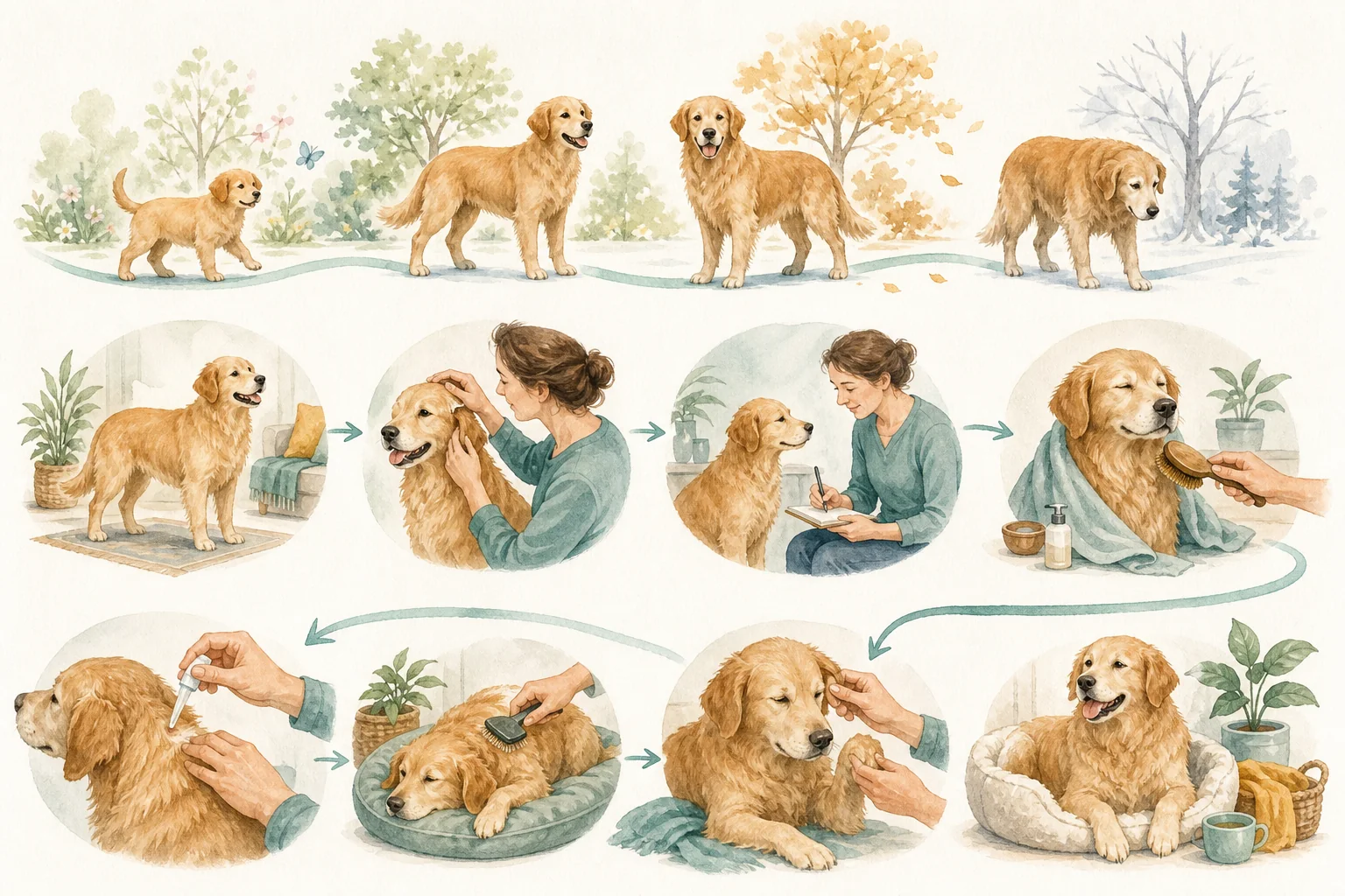 Illustrated owner guide for quarterly life-stage parasite and grooming schedule for dogs