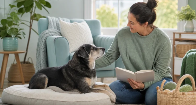 Healthy Paws Essentials scene illustrating monthly lifestyle and environment check for middle-aged and senior dogs