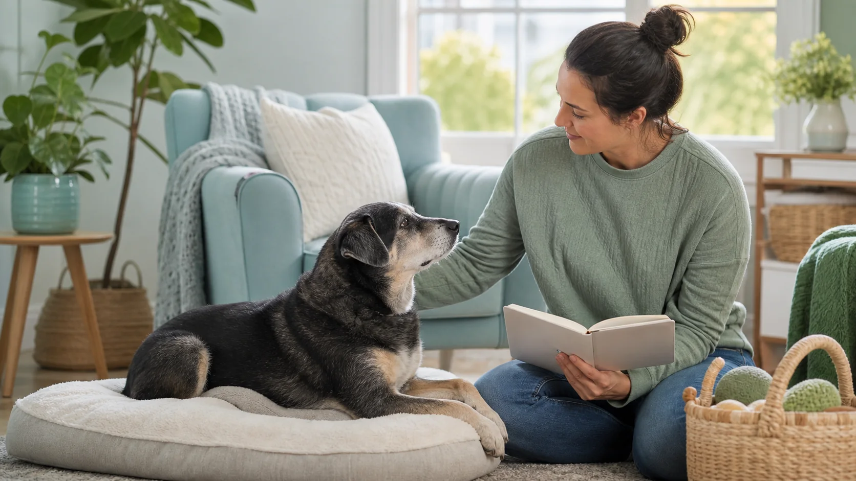 Healthy Paws Essentials scene illustrating monthly lifestyle and environment check for middle-aged and senior dogs