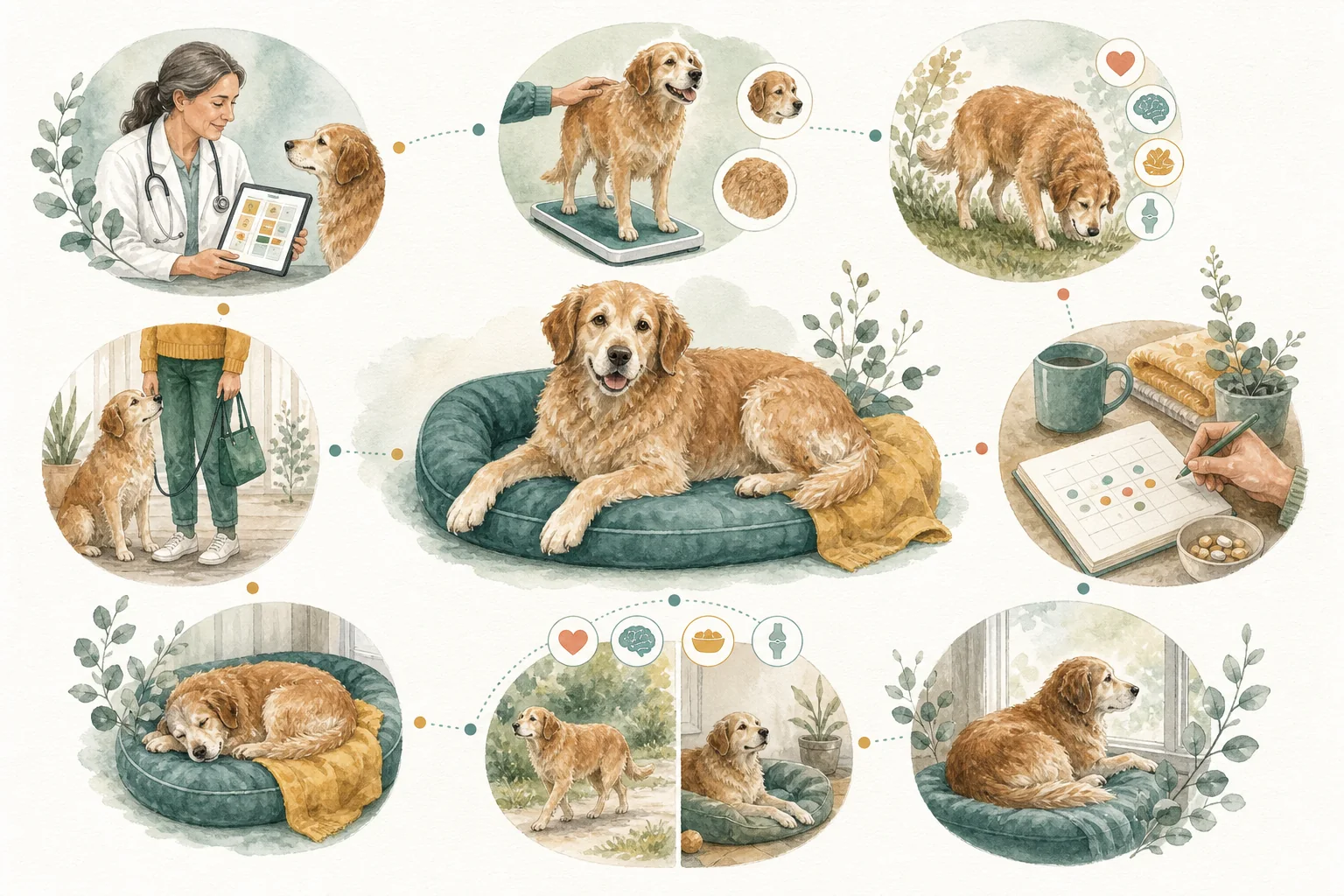 Illustrated owner guide for monthly lifestyle and environment check for middle-aged and senior dogs