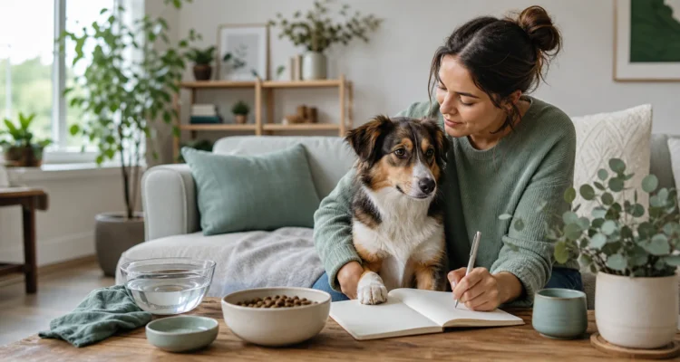 Healthy Paws Essentials scene illustrating 8-week multi-pillar supplement and wellness observation worksheet for dogs