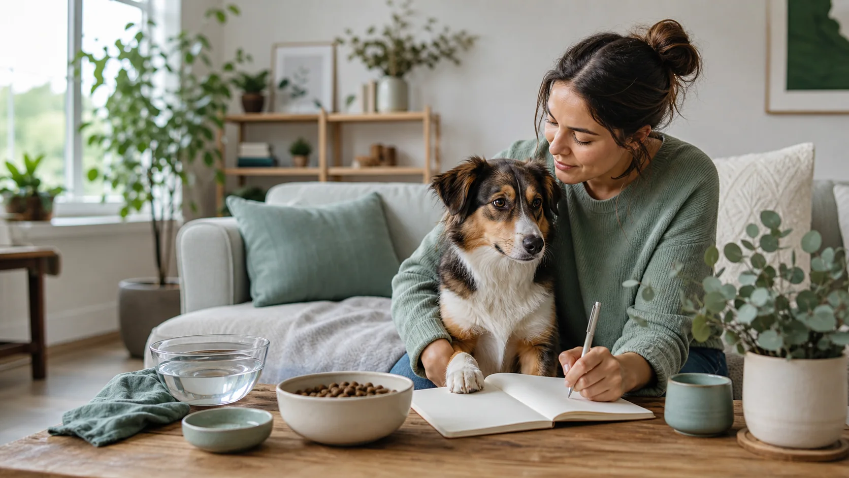 Healthy Paws Essentials scene illustrating 8-week multi-pillar supplement and wellness observation worksheet for dogs