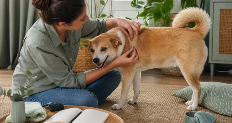 Healthy Paws Essentials scene illustrating weekly visual skin and coat parasite awareness checklist for dogs