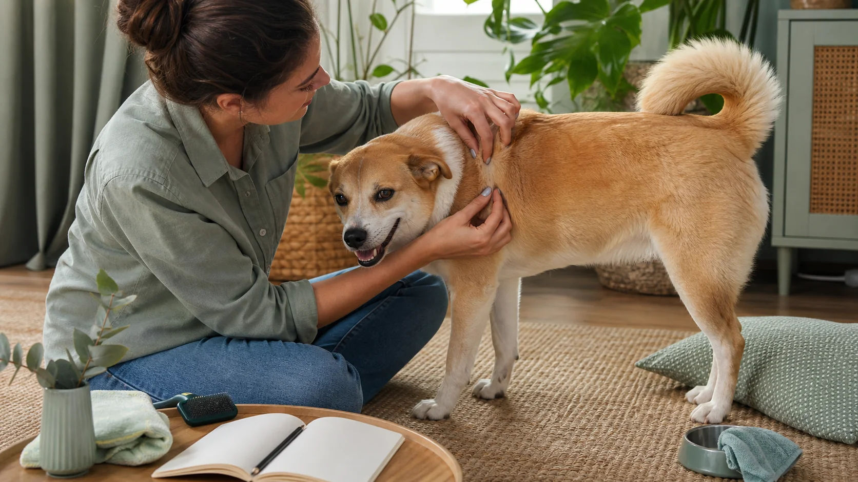 Healthy Paws Essentials scene illustrating weekly visual skin and coat parasite awareness checklist for dogs