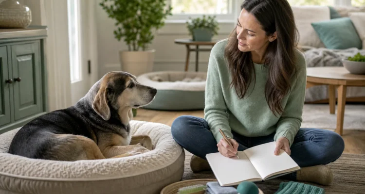 Healthy Paws Essentials scene illustrating seasonal room-by-room wellness and safety plan for senior dogs