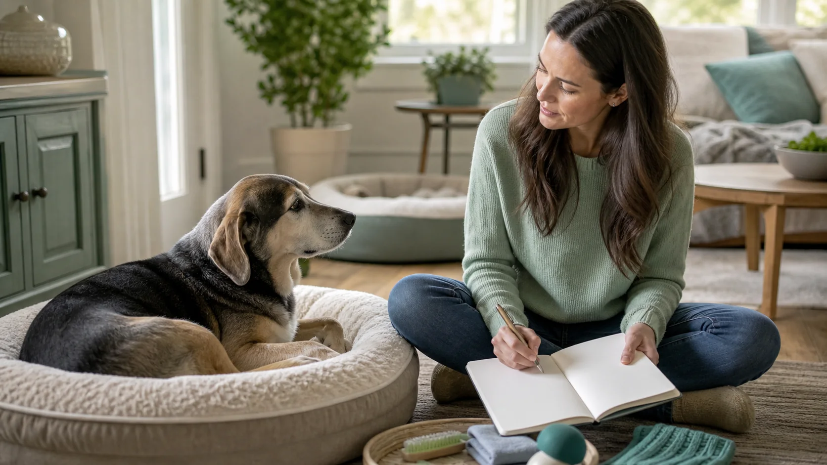 Healthy Paws Essentials scene illustrating seasonal room-by-room wellness and safety plan for senior dogs