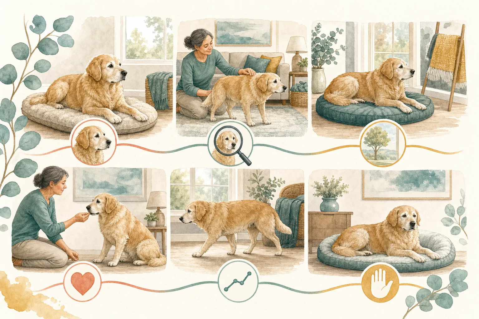 Illustrated owner guide for seasonal room-by-room wellness and safety plan for senior dogs