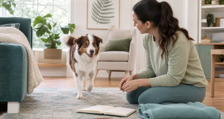 Healthy Paws Essentials scene illustrating at-home exercise tolerance check for dogs