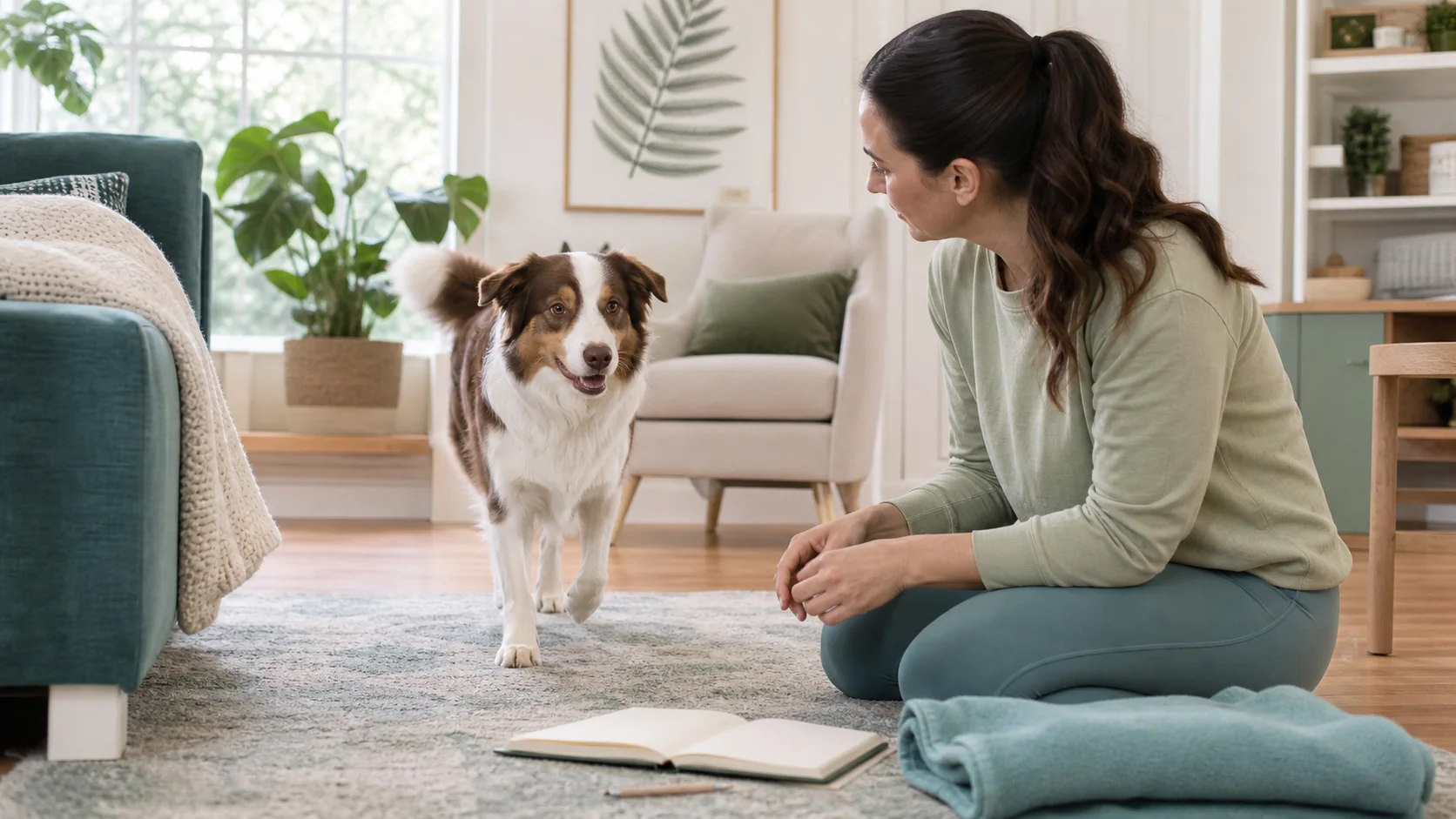 Healthy Paws Essentials scene illustrating at-home exercise tolerance check for dogs