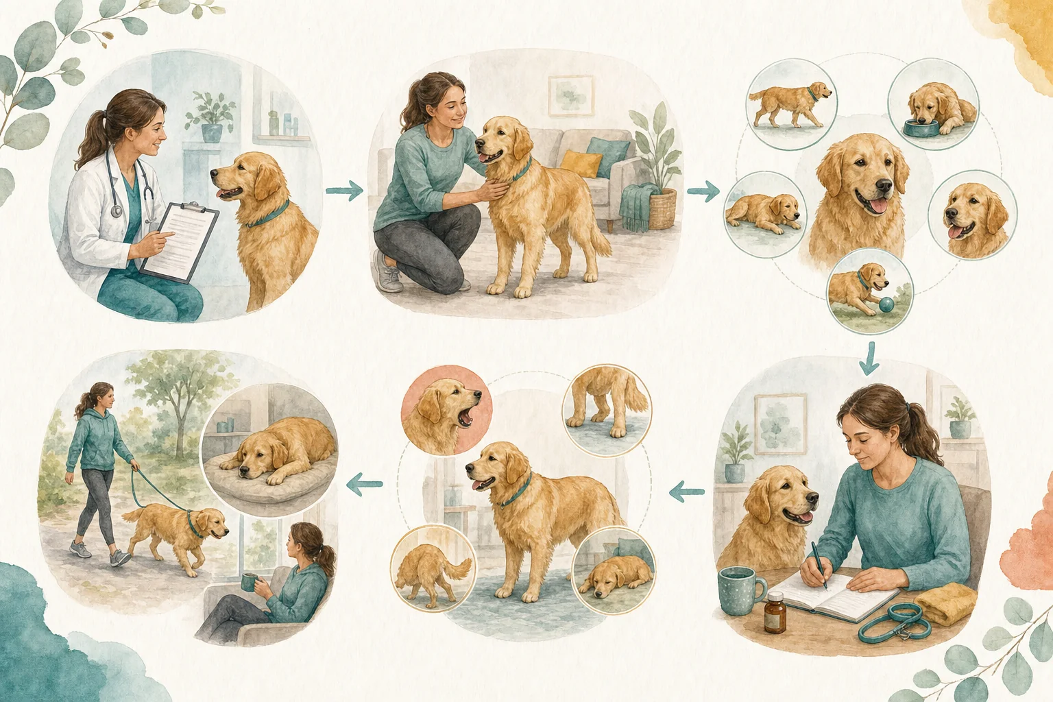 Illustrated owner guide for at-home exercise tolerance check for dogs