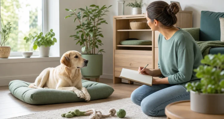 Healthy Paws Essentials scene illustrating designing a dog-friendly indoor environment for wellbeing