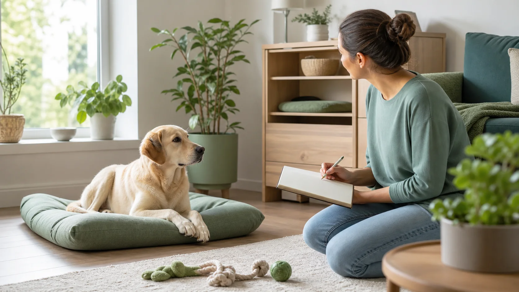 Healthy Paws Essentials scene illustrating designing a dog-friendly indoor environment for wellbeing