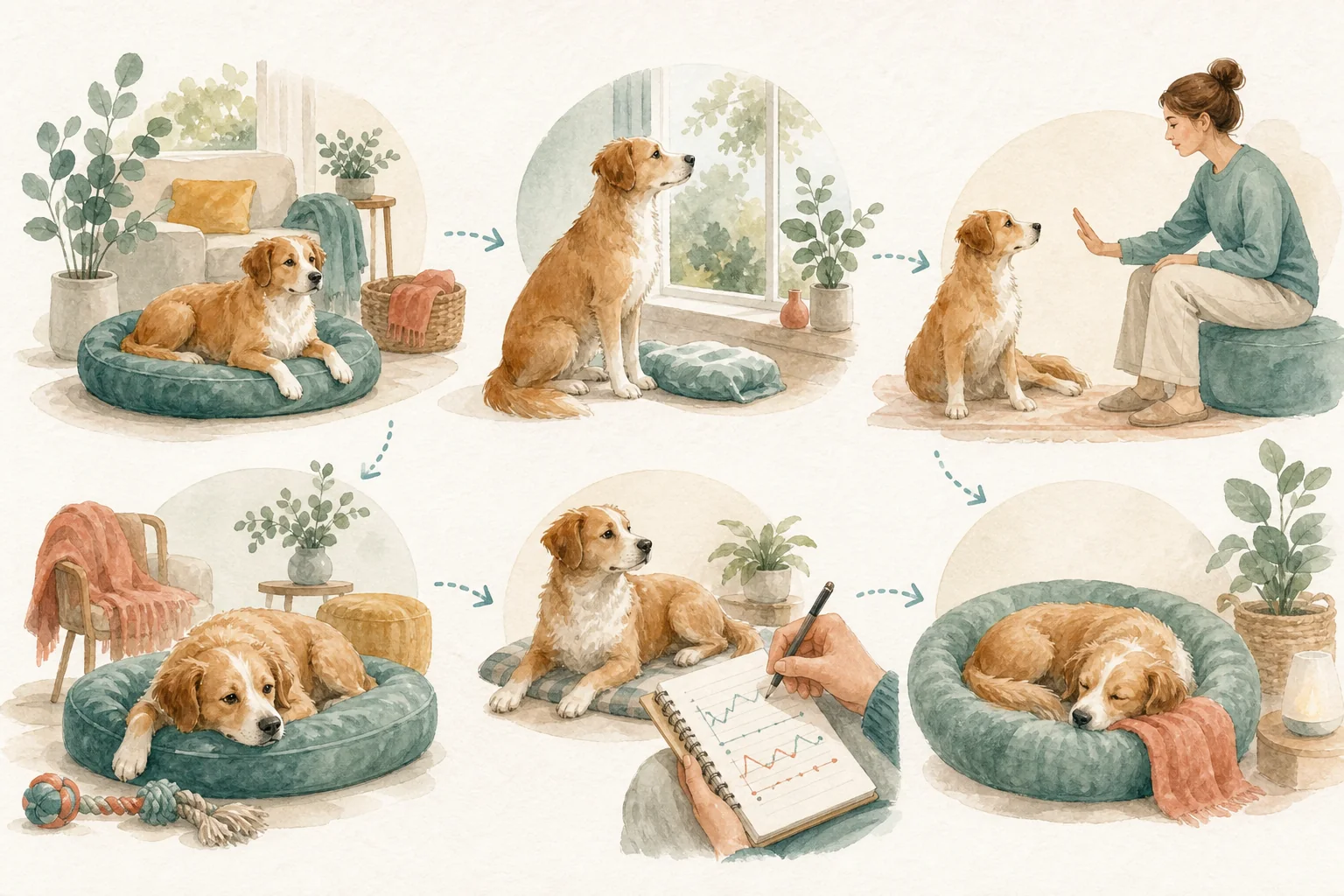 Illustrated owner guide for designing a dog-friendly indoor environment for wellbeing