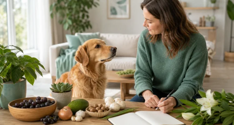 Healthy Paws Essentials scene illustrating routine at-home toxin and food-safety review for dogs