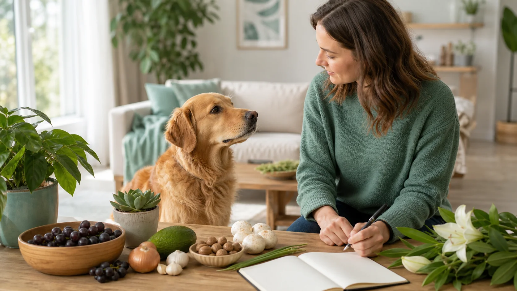 Healthy Paws Essentials scene illustrating routine at-home toxin and food-safety review for dogs