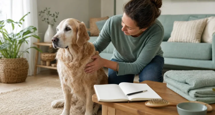 Healthy Paws Essentials scene illustrating subtle weight, posture, and skin changes in senior dogs at home