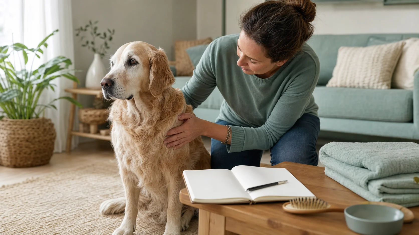 Healthy Paws Essentials scene illustrating subtle weight, posture, and skin changes in senior dogs at home