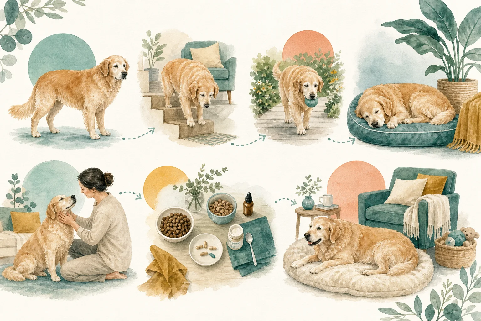 Illustrated owner guide for subtle weight, posture, and skin changes in senior dogs at home