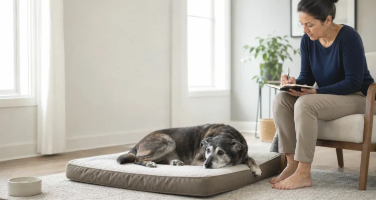 Healthy Paws Essentials scene illustrating daily mental engagement routine for senior dogs at home
