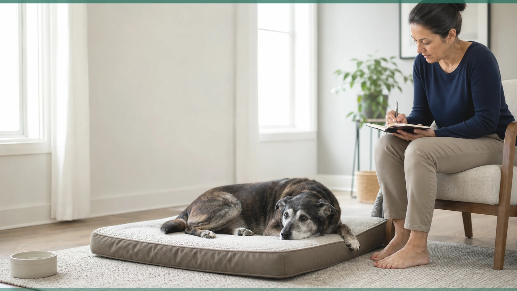 Healthy Paws Essentials scene illustrating daily mental engagement routine for senior dogs at home